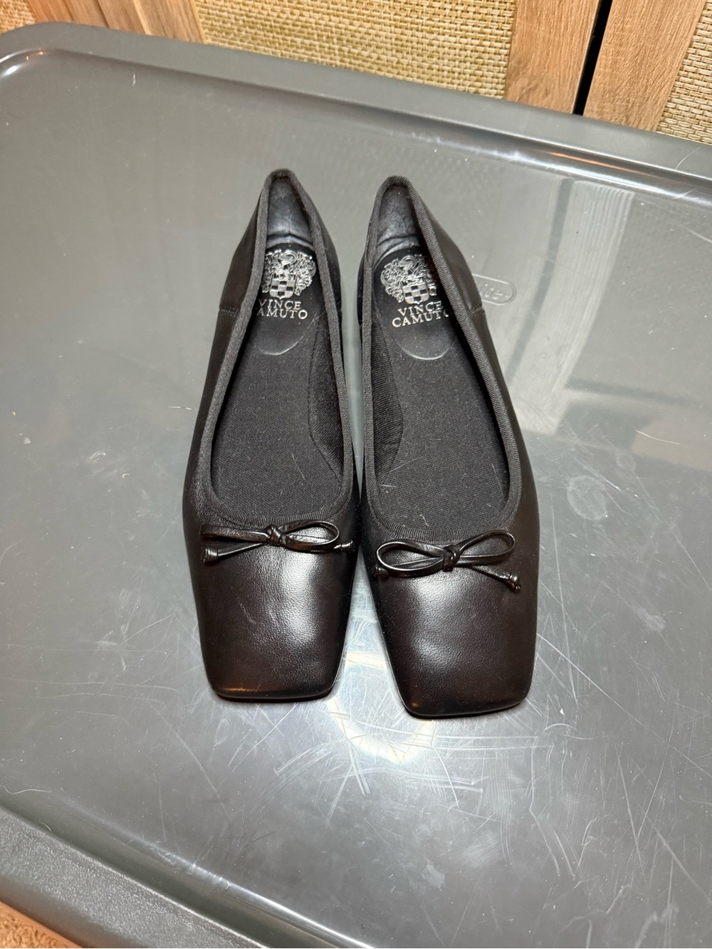 Vince Camuto Black Square-Toe Leather Ballet Flats with Bow